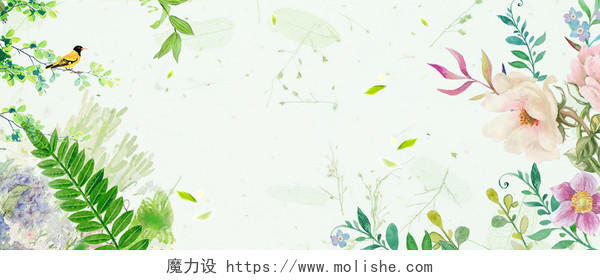 小清新背景小清新绿色背景绿色清新春天手绘植物绿叶淘宝电商背景